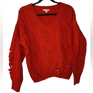Cozy Casual Red "distressed" V Neck Sweater Size M/L